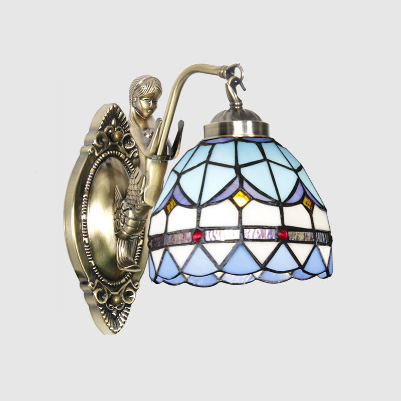 Bell Shade Wall Mount Light Stained Glass Vintage Wall Light Fixture with Mermaid Decor 1.0 Blue Clearhalo 'Industrial' 'Middle century wall lights' 'Tiffany wall lights' 'Tiffany' 'Wall Lamps & Sconces' 'Wall Lights' Lighting' 2172687