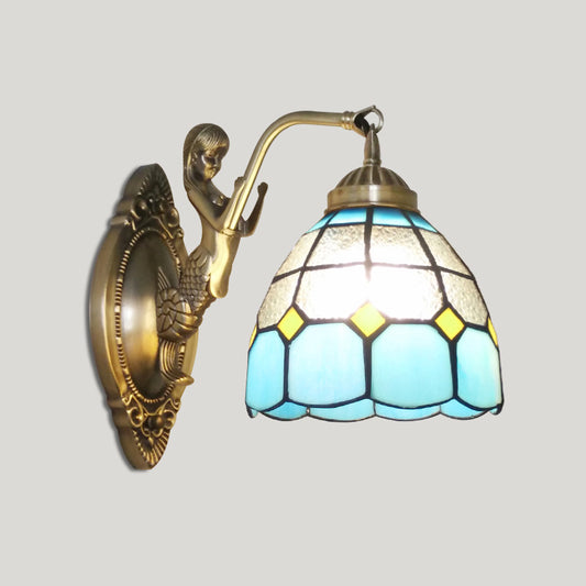 Bell Shade Wall Mount Light Stained Glass Vintage Wall Light Fixture with Mermaid Decor 1.0 Clear Clearhalo 'Industrial' 'Middle century wall lights' 'Tiffany wall lights' 'Tiffany' 'Wall Lamps & Sconces' 'Wall Lights' Lighting' 2172689