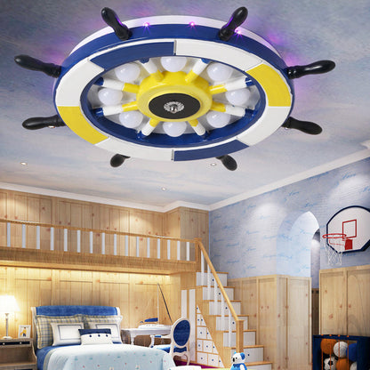 Nautical Style LED Flush Ceiling Light with Wood Shade Blue Finish Dome/Rudder Flush Mount Ceiling Light Blue Rudder Clearhalo 'Ceiling Lights' 'Close To Ceiling Lights' 'Close to ceiling' 'Flush mount' Lighting' 217284