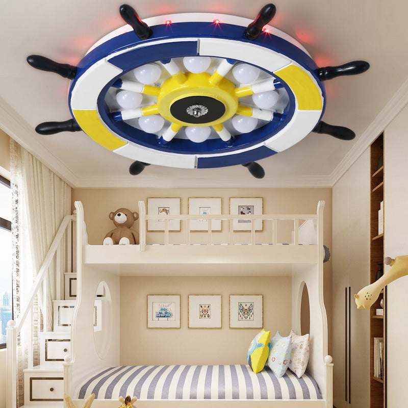 Nautical Style LED Flush Ceiling Light with Wood Shade Blue Finish Dome/Rudder Flush Mount Ceiling Light Clearhalo 'Ceiling Lights' 'Close To Ceiling Lights' 'Close to ceiling' 'Flush mount' Lighting' 217285