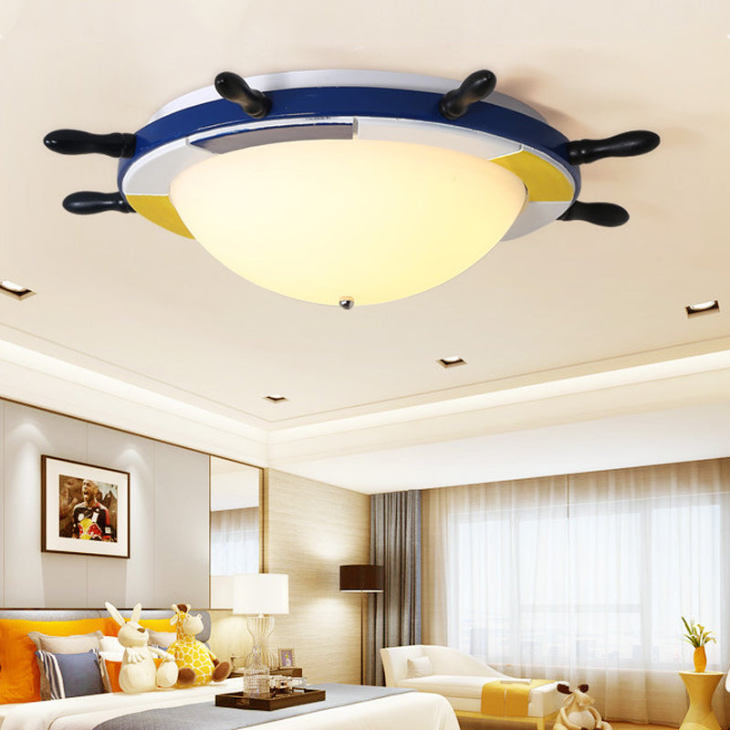 Nautical Style LED Flush Ceiling Light with Wood Shade Blue Finish Dome/Rudder Flush Mount Ceiling Light Clearhalo 'Ceiling Lights' 'Close To Ceiling Lights' 'Close to ceiling' 'Flush mount' Lighting' 217289
