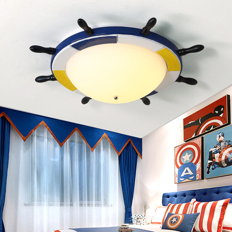 Nautical Style LED Flush Ceiling Light with Wood Shade Blue Finish Dome/Rudder Flush Mount Ceiling Light Clearhalo 'Ceiling Lights' 'Close To Ceiling Lights' 'Close to ceiling' 'Flush mount' Lighting' 217290