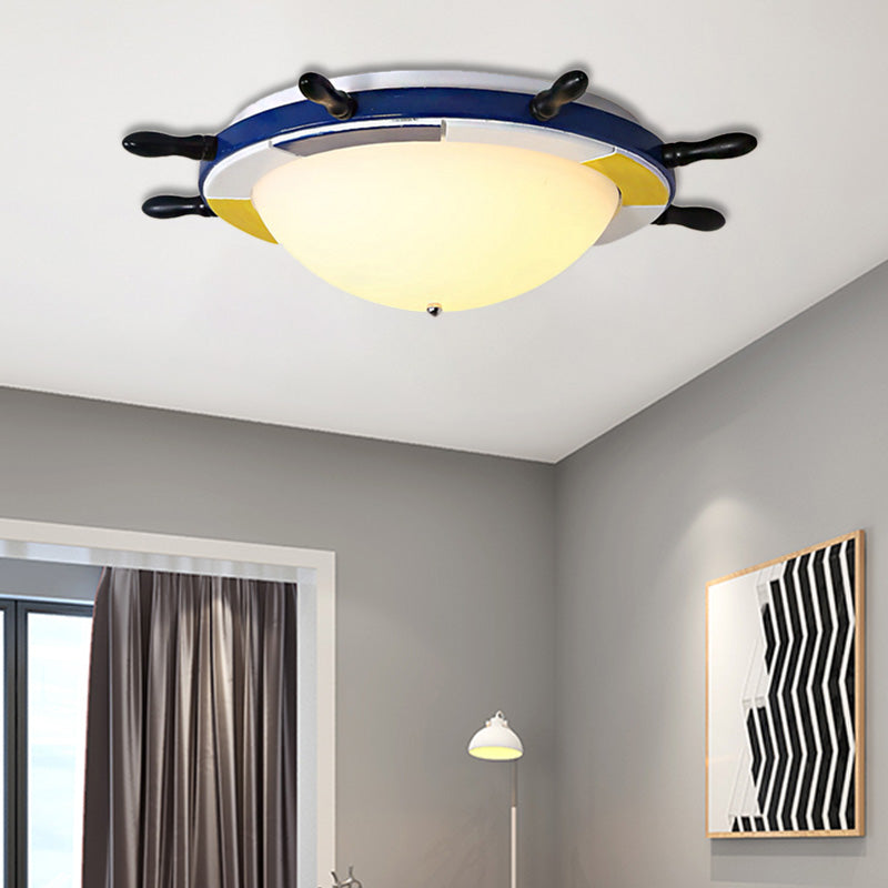 Nautical Style LED Flush Ceiling Light with Wood Shade Blue Finish Dome/Rudder Flush Mount Ceiling Light Blue Dome Clearhalo 'Ceiling Lights' 'Close To Ceiling Lights' 'Close to ceiling' 'Flush mount' Lighting' 217291