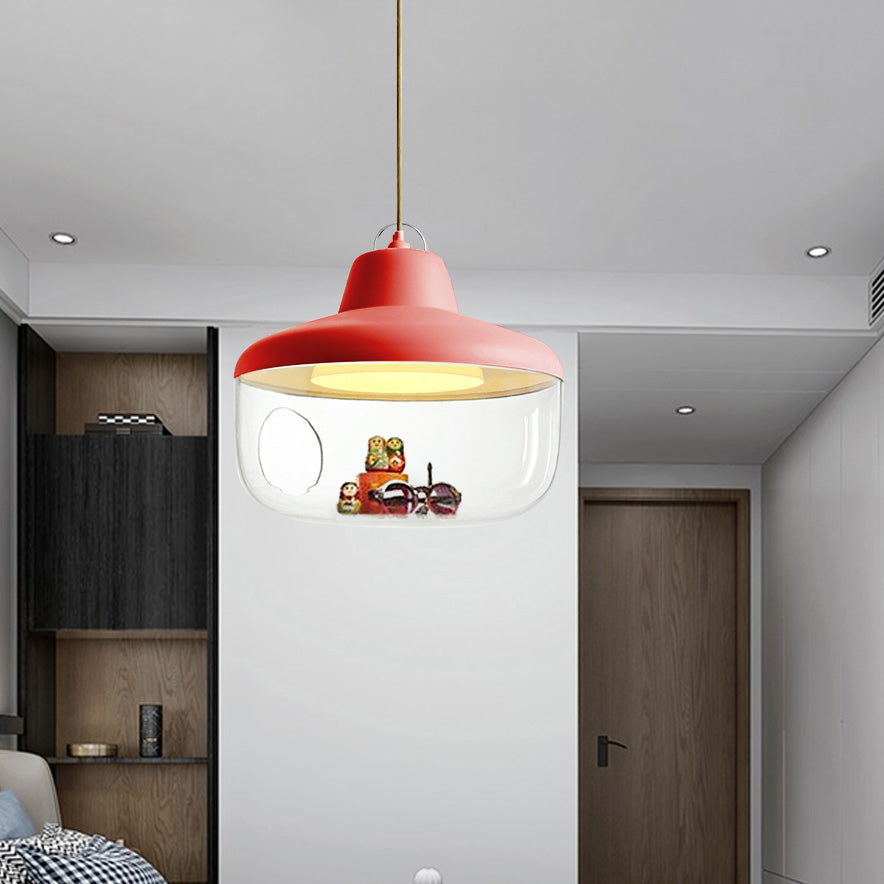 Black/Yellow Urn Hanging Pendant Light Macaron Style 1 Light Clear Glass Ceiling Lamp for Dining Room Red Clearhalo 'Ceiling Lights' 'Chandeliers' 'Glass shade' 'Glass' 'Modern Pendants' 'Modern' 'Pendant Lights' 'Pendants' Lighting' 217501