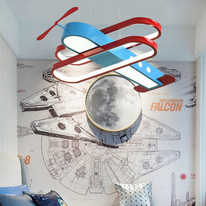 Cartoon LED Chandelier Pendant Light with Acrylic Shade Red and Blue 18"/23.5" W Aircraft Hanging Light, Warm/White Light Red-Blue Clearhalo 'Ceiling Lights' 'Chandeliers' Lighting' options 217549_3532e2aa-0a8a-4eda-9aaf-23227bde437a