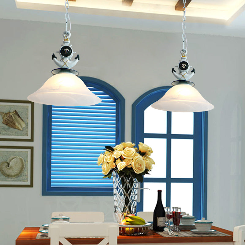 Bell Opal Glass Hanging Light Modernist Style 1 Head Blue/White Finish Pendant Lighting with Anchor Deco Clearhalo 'Ceiling Lights' 'Close To Ceiling Lights' 'Glass shade' 'Glass' 'Pendant Lights' 'Pendants' Lighting' 217554