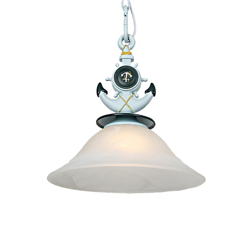 Bell Opal Glass Hanging Light Modernist Style 1 Head Blue/White Finish Pendant Lighting with Anchor Deco Clearhalo 'Ceiling Lights' 'Close To Ceiling Lights' 'Glass shade' 'Glass' 'Pendant Lights' 'Pendants' Lighting' 217555