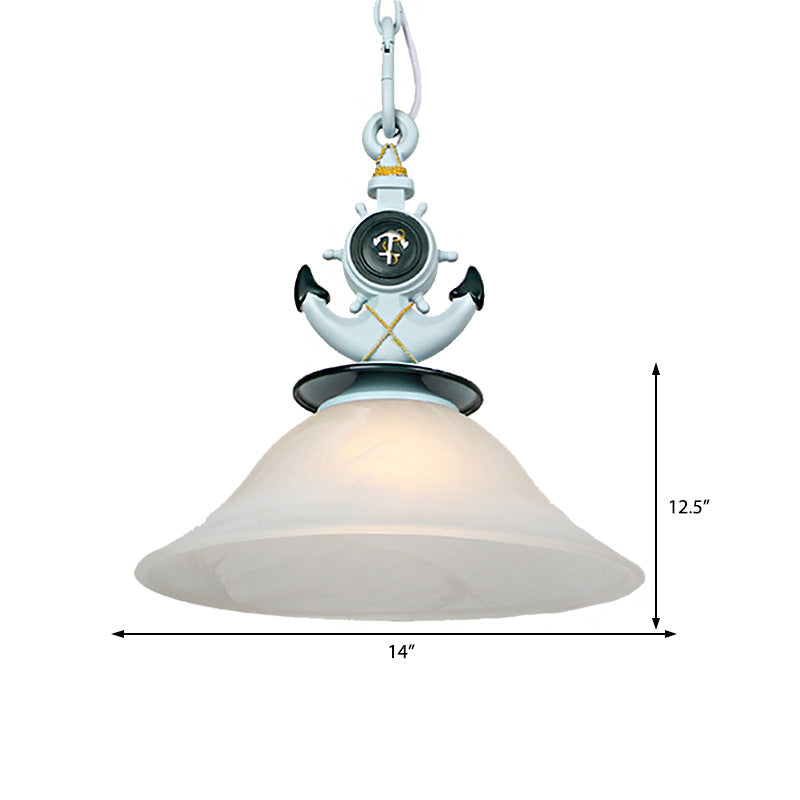 Bell Opal Glass Hanging Light Modernist Style 1 Head Blue/White Finish Pendant Lighting with Anchor Deco Clearhalo 'Ceiling Lights' 'Close To Ceiling Lights' 'Glass shade' 'Glass' 'Pendant Lights' 'Pendants' Lighting' 217556