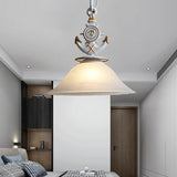 Bell Opal Glass Hanging Light Modernist Style 1 Head Blue/White Finish Pendant Lighting with Anchor Deco White Clearhalo 'Ceiling Lights' 'Close To Ceiling Lights' 'Glass shade' 'Glass' 'Pendant Lights' 'Pendants' Lighting' 217558