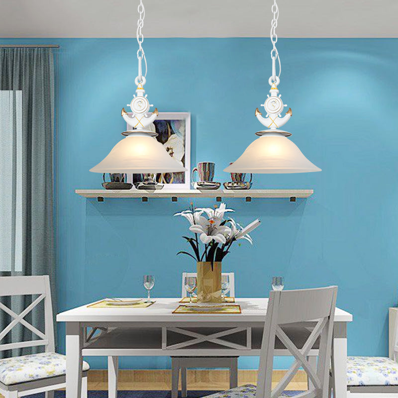 Bell Opal Glass Hanging Light Modernist Style 1 Head Blue/White Finish Pendant Lighting with Anchor Deco Clearhalo 'Ceiling Lights' 'Close To Ceiling Lights' 'Glass shade' 'Glass' 'Pendant Lights' 'Pendants' Lighting' 217559
