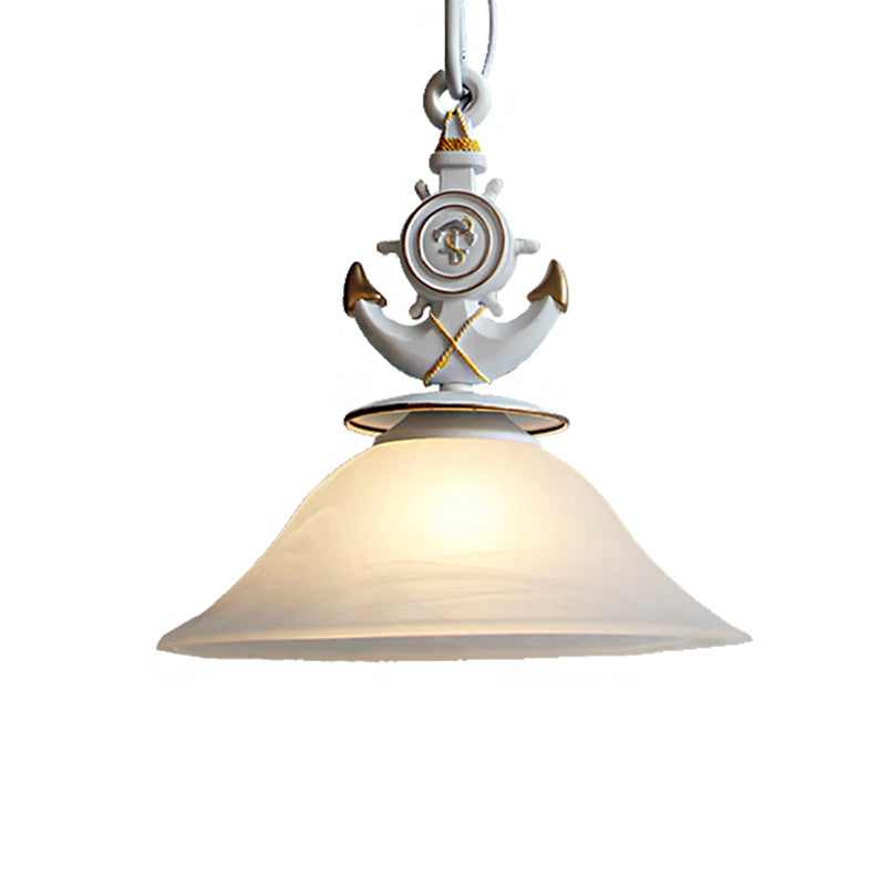 Bell Opal Glass Hanging Light Modernist Style 1 Head Blue/White Finish Pendant Lighting with Anchor Deco Clearhalo 'Ceiling Lights' 'Close To Ceiling Lights' 'Glass shade' 'Glass' 'Pendant Lights' 'Pendants' Lighting' 217560