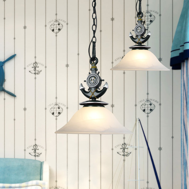 Bell Opal Glass Hanging Light Modernist Style 1 Head Blue/White Finish Pendant Lighting with Anchor Deco Clearhalo 'Ceiling Lights' 'Close To Ceiling Lights' 'Glass shade' 'Glass' 'Pendant Lights' 'Pendants' Lighting' 217561
