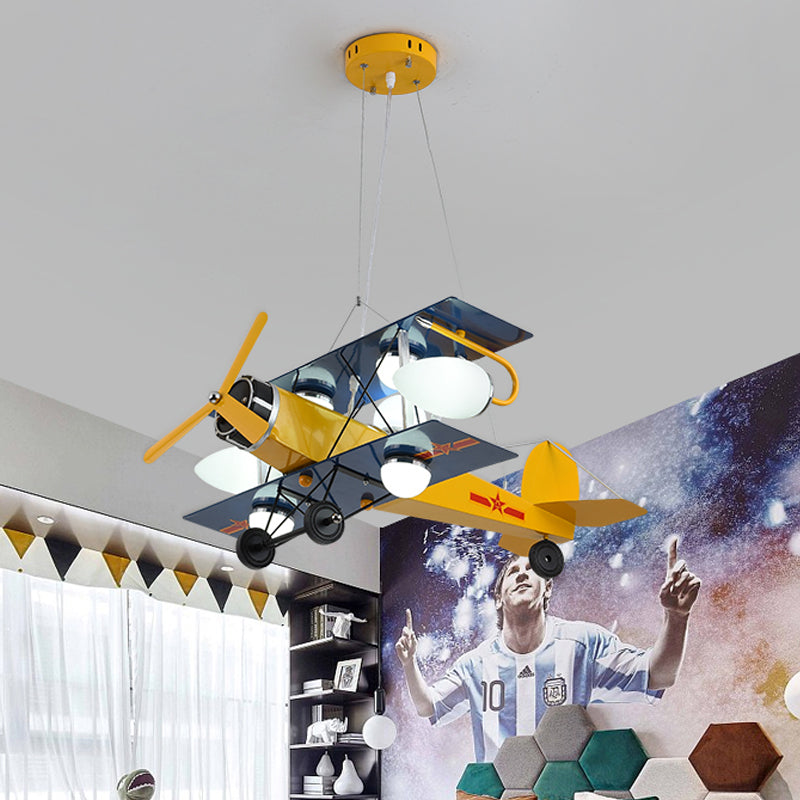 Blue/Yellow Prop Plane Chandelier Lighting Cartoon Style 7 Lights Metallic Hanging Ceiling Fixture for Bedroom Yellow Clearhalo 'Ceiling Lights' 'Chandeliers' 'Glass shade' 'Glass' 'Pendant Lights' Lighting' 217813