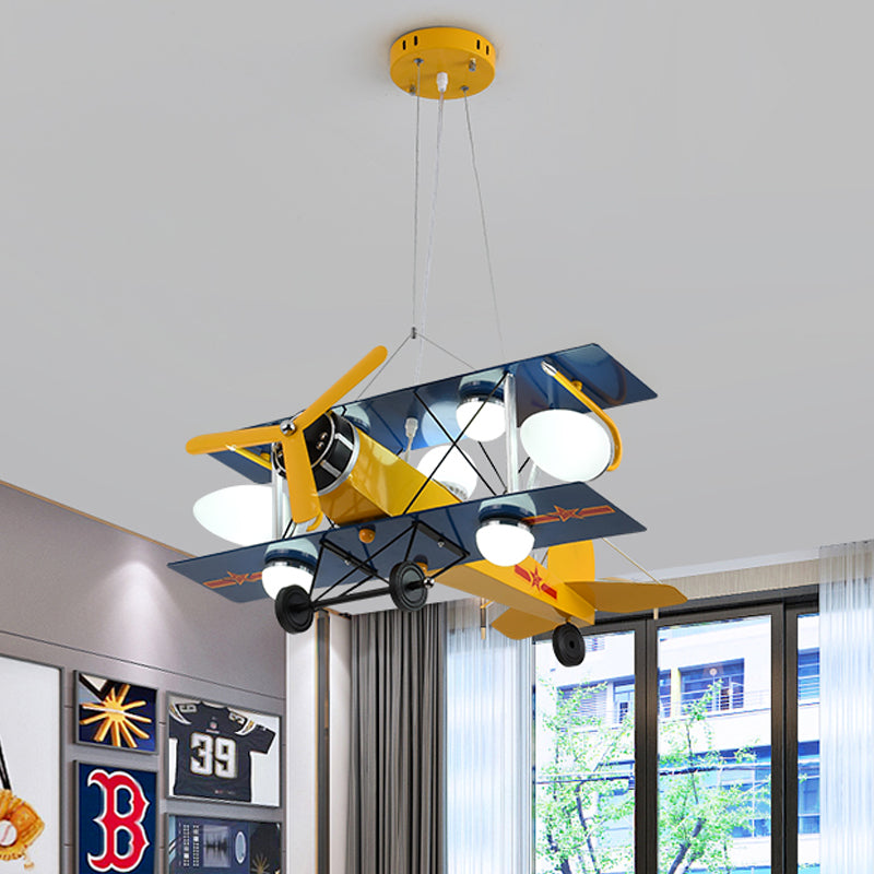 Blue/Yellow Prop Plane Chandelier Lighting Cartoon Style 7 Lights Metallic Hanging Ceiling Fixture for Bedroom Clearhalo 'Ceiling Lights' 'Chandeliers' 'Glass shade' 'Glass' 'Pendant Lights' Lighting' 217814