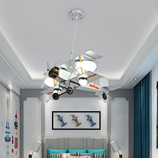 Blue/Yellow Prop Plane Chandelier Lighting Cartoon Style 7 Lights Metallic Hanging Ceiling Fixture for Bedroom Silver Clearhalo 'Ceiling Lights' 'Chandeliers' 'Glass shade' 'Glass' 'Pendant Lights' Lighting' 217820
