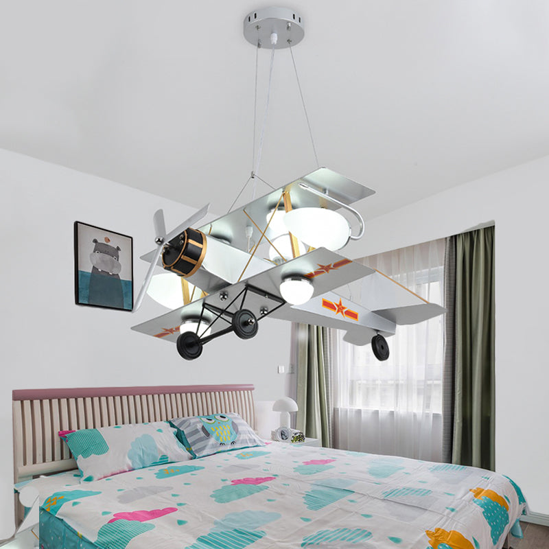Blue/Yellow Prop Plane Chandelier Lighting Cartoon Style 7 Lights Metallic Hanging Ceiling Fixture for Bedroom Clearhalo 'Ceiling Lights' 'Chandeliers' 'Glass shade' 'Glass' 'Pendant Lights' Lighting' 217821