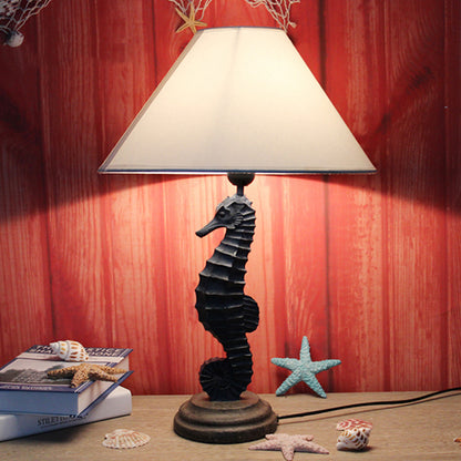Blue/Red Sea Horse Table Lighting Contemporary Style 1 Light Resin Table Lamp with Cone Fabric Shade Dark Blue Clearhalo 'Lamps' 'Table Lamps' Lighting' 217886