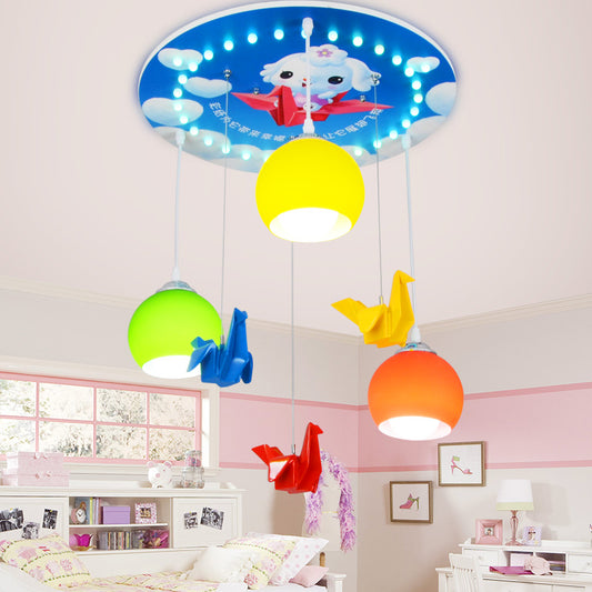 Cartoon Style Domed Pendant Lighting Yellow and Green Glass 3 Light Bedroom Hanging Lamp with Round Canopy in Blue Clearhalo 'Ceiling Lights' 'Glass shade' 'Glass' 'Pendant Lights' 'Pendants' Lighting' 217958