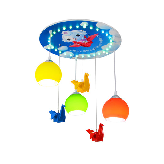 Cartoon Style Domed Pendant Lighting Yellow and Green Glass 3 Light Bedroom Hanging Lamp with Round Canopy in Blue Clearhalo 'Ceiling Lights' 'Glass shade' 'Glass' 'Pendant Lights' 'Pendants' Lighting' 217959