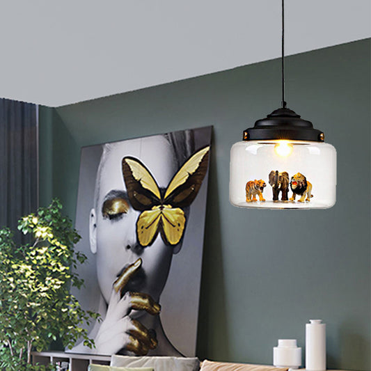 1 Light Dining Room Hanging Fixture Modernist Black Finish Pendant Lighting with Drum Clear Glass Shade Clearhalo 'Ceiling Lights' 'Glass shade' 'Glass' 'Pendant Lights' 'Pendants' Lighting' 218047