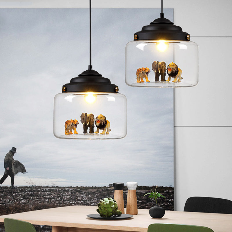 1 Light Dining Room Hanging Fixture Modernist Black Finish Pendant Lighting with Drum Clear Glass Shade Clearhalo 'Ceiling Lights' 'Glass shade' 'Glass' 'Pendant Lights' 'Pendants' Lighting' 218048