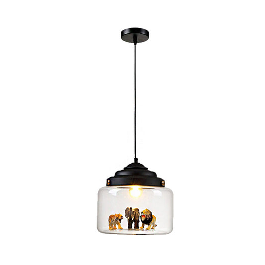 1 Light Dining Room Hanging Fixture Modernist Black Finish Pendant Lighting with Drum Clear Glass Shade Clearhalo 'Ceiling Lights' 'Glass shade' 'Glass' 'Pendant Lights' 'Pendants' Lighting' 218049