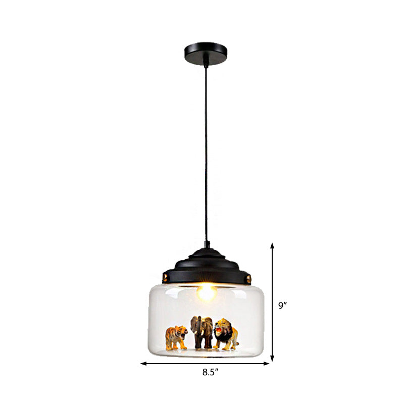 1 Light Dining Room Hanging Fixture Modernist Black Finish Pendant Lighting with Drum Clear Glass Shade Clearhalo 'Ceiling Lights' 'Glass shade' 'Glass' 'Pendant Lights' 'Pendants' Lighting' 218050