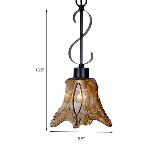 Flower Shape Dining Room Hanging Light Kit Traditional Tan Textured Glass 1 Light Black Pendant Lighting Clearhalo 'Ceiling Lights' 'Chandeliers' 'Glass shade' 'Glass' 'Pendant Lights' 'Pendants' Lighting' 218128