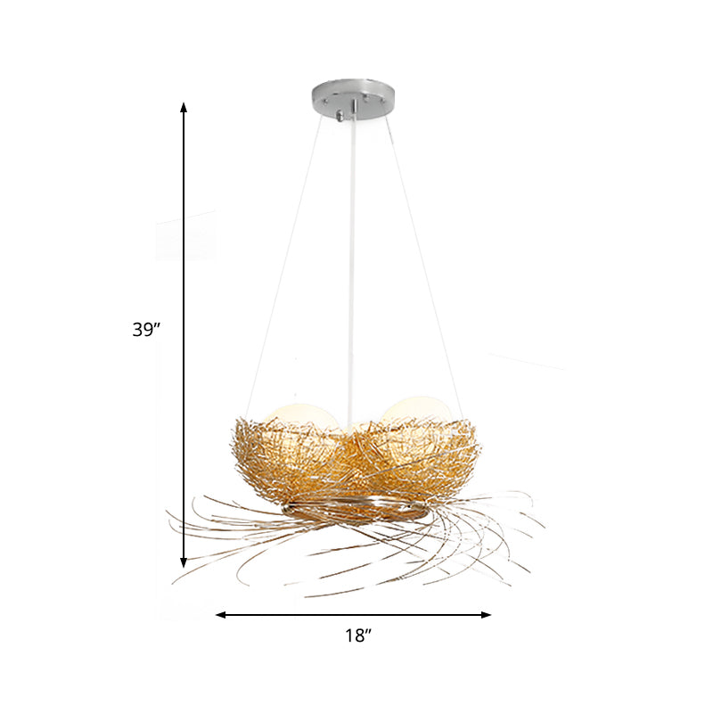 Egg Shaped Chandelier Pendant Art Deco White Glass 3-Light Hanging Ceiling Lamp in Brass with Aluminum Nest Clearhalo 'Ceiling Lights' 'Chandeliers' Lighting' options 218162