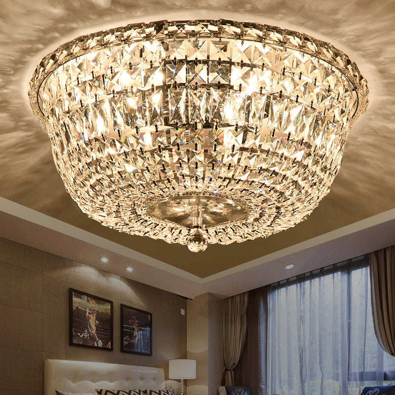 14"/19.5" W Bowl Shade Crystal Prisms Flush Mount Modern Stylish 3/6 Lights Clear Finish Ceiling Light Fixture Clear Clearhalo 'Ceiling Lights' 'Close To Ceiling Lights' 'Close to ceiling' 'Flush mount' Lighting' 2181630