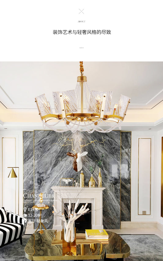 Simplicity Beaded Pendant Chandelier Crystal 6/8 Heads Living Room Hanging Lamp Kit in Brass with Panel Shade 8 Brass Clearhalo 'Ceiling Lights' 'Chandeliers' 'Industrial Chandeliers' 'Industrial' 'Middle Century Chandeliers' 'Tiffany' Lighting' 2181643