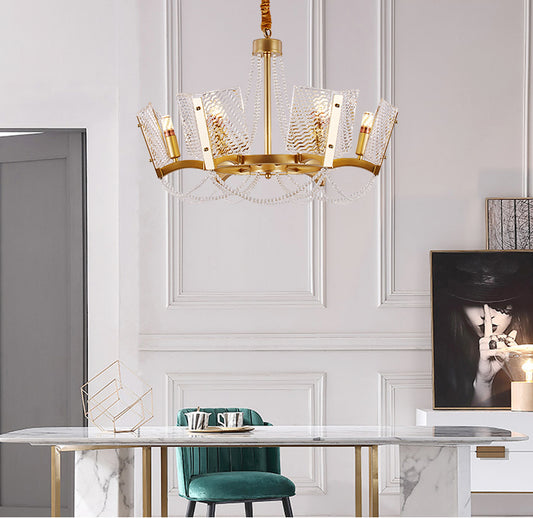 Simplicity Beaded Pendant Chandelier Crystal 6/8 Heads Living Room Hanging Lamp Kit in Brass with Panel Shade 6 Brass Clearhalo 'Ceiling Lights' 'Chandeliers' 'Industrial Chandeliers' 'Industrial' 'Middle Century Chandeliers' 'Tiffany' Lighting' 2181649