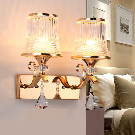 Vintage Style Bell Sconce Light Fixture Clear Glass 2 Lights Bedroom Gold Finish Wall Lamp with Crystal Accent Gold A Clearhalo 'Modern wall lights' 'Modern' 'Wall Lamps & Sconces' 'Wall Lights' Lighting' 2181671