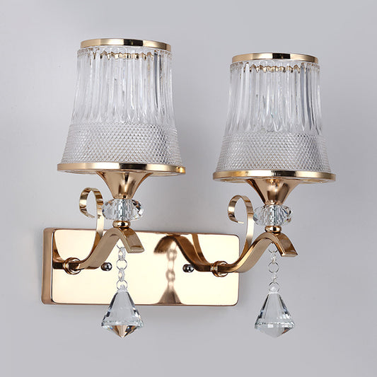 Vintage Style Bell Sconce Light Fixture Clear Glass 2 Lights Bedroom Gold Finish Wall Lamp with Crystal Accent Clearhalo 'Modern wall lights' 'Modern' 'Wall Lamps & Sconces' 'Wall Lights' Lighting' 2181674