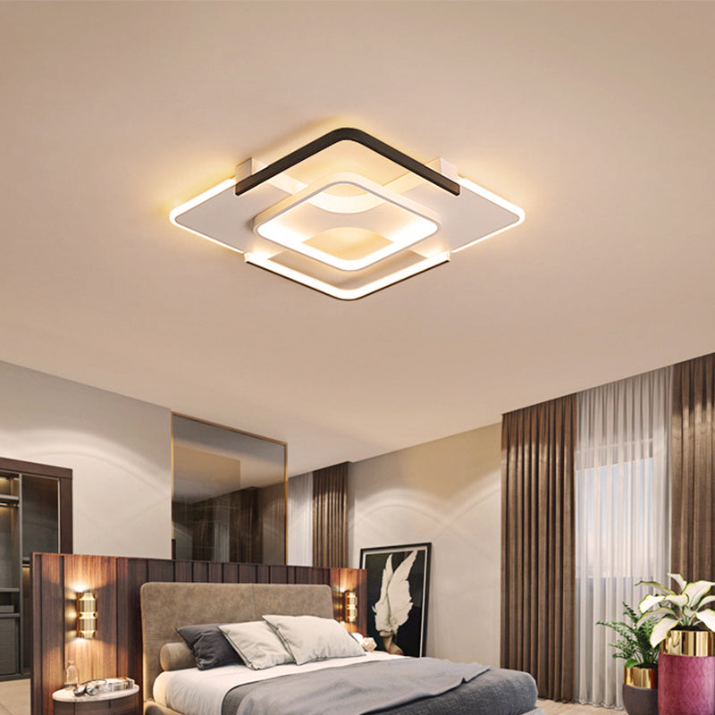 Squared Bedroom Ceiling Flush Light Black-White Metal Contemporary 16"/19.5" Wide LED Flushmount Lighting in Warm/White Light Clearhalo 'Ceiling Lights' 'Close To Ceiling Lights' 'Close to ceiling' 'Flush mount' Lighting' 2181688