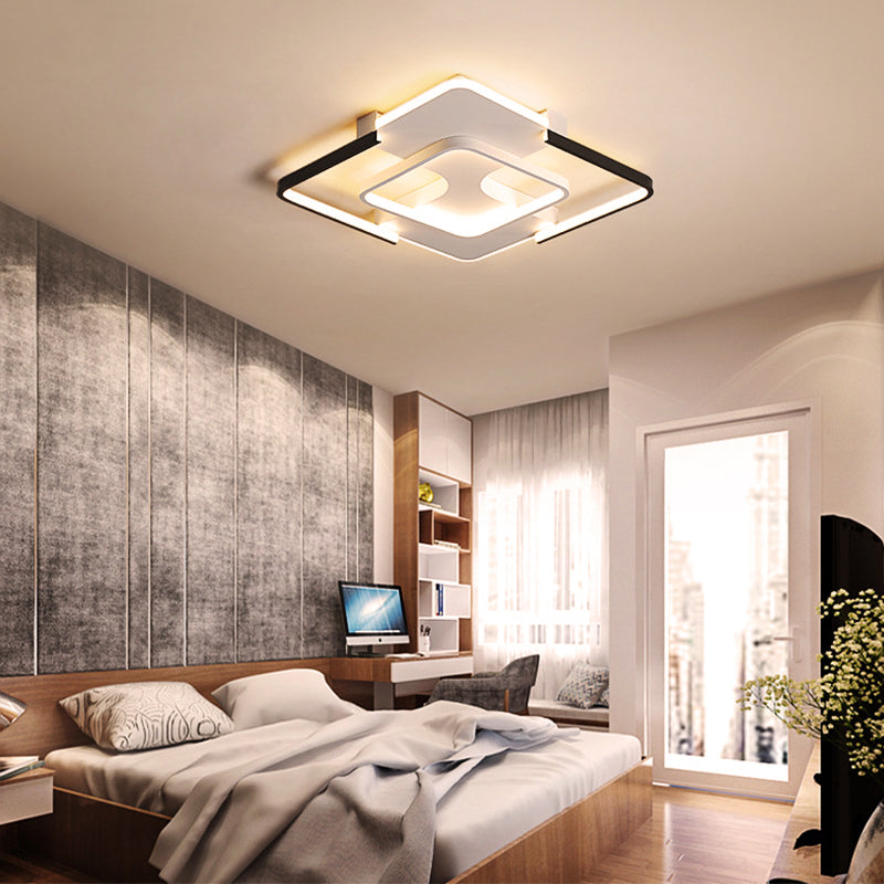 Squared Bedroom Ceiling Flush Light Black-White Metal Contemporary 16"/19.5" Wide LED Flushmount Lighting in Warm/White Light Clearhalo 'Ceiling Lights' 'Close To Ceiling Lights' 'Close to ceiling' 'Flush mount' Lighting' 2181689