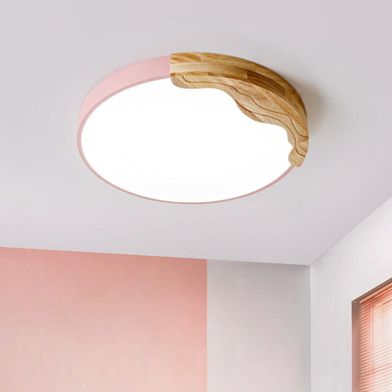 Pink Circular Flush Mount Lamp Modern Macaron Style Acrylic LED Ceiling Light Fixture with Wooden Deco, 16"/19.5" Wide Clearhalo 'Ceiling Lights' 'Close To Ceiling Lights' 'Close to ceiling' 'Flush mount' Lighting' 2181712