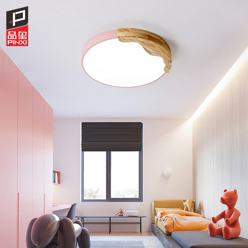 Pink Circular Flush Mount Lamp Modern Macaron Style Acrylic LED Ceiling Light Fixture with Wooden Deco, 16"/19.5" Wide Pink Clearhalo 'Ceiling Lights' 'Close To Ceiling Lights' 'Close to ceiling' 'Flush mount' Lighting' 2181713