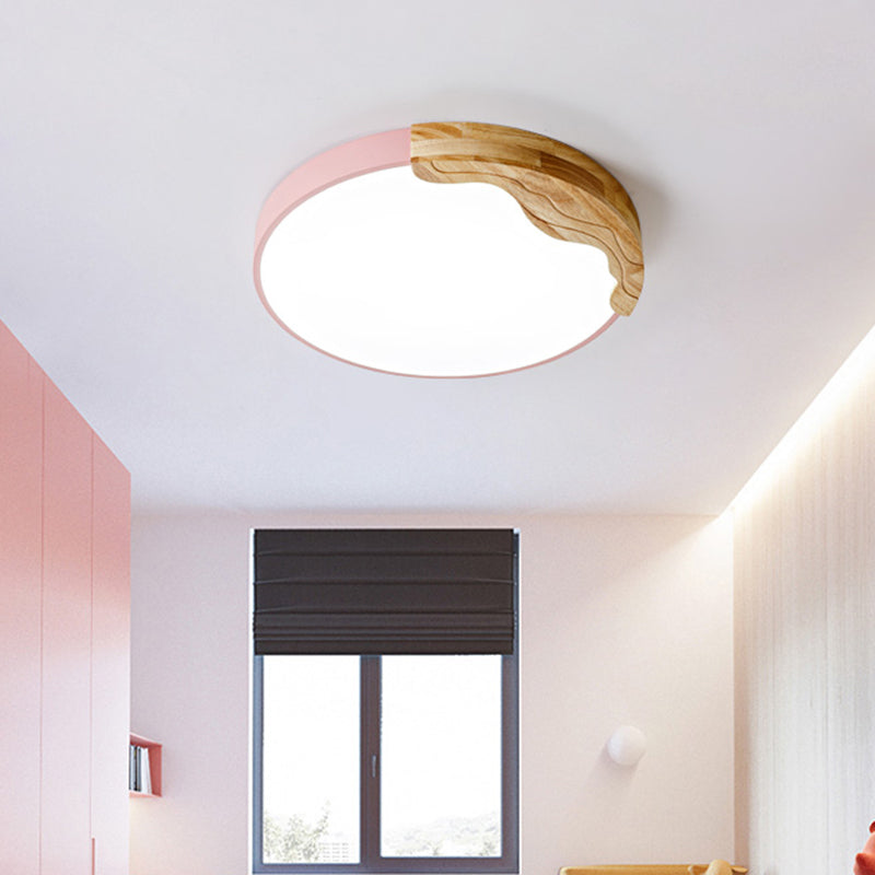 Pink Circular Flush Mount Lamp Modern Macaron Style Acrylic LED Ceiling Light Fixture with Wooden Deco, 16"/19.5" Wide Clearhalo 'Ceiling Lights' 'Close To Ceiling Lights' 'Close to ceiling' 'Flush mount' Lighting' 2181714