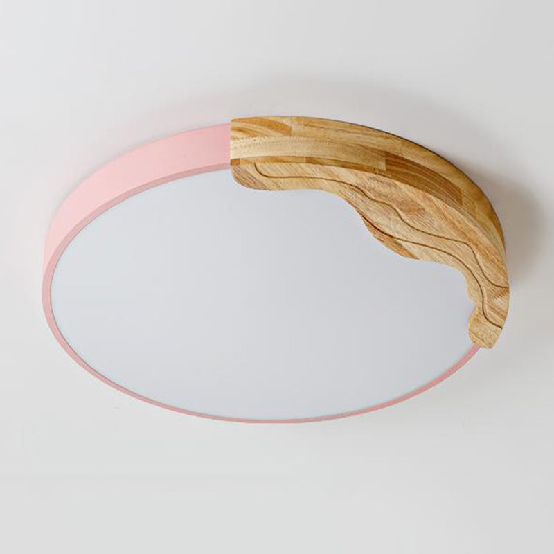 Pink Circular Flush Mount Lamp Modern Macaron Style Acrylic LED Ceiling Light Fixture with Wooden Deco, 16"/19.5" Wide Clearhalo 'Ceiling Lights' 'Close To Ceiling Lights' 'Close to ceiling' 'Flush mount' Lighting' 2181715