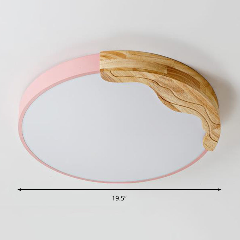 Pink Circular Flush Mount Lamp Modern Macaron Style Acrylic LED Ceiling Light Fixture with Wooden Deco, 16"/19.5" Wide Clearhalo 'Ceiling Lights' 'Close To Ceiling Lights' 'Close to ceiling' 'Flush mount' Lighting' 2181717