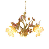 Starburst White Glass Chandelier Countryside 3/6-Bulb Bedroom Pendant with Flower and Leaf Decor Clearhalo 'Ceiling Lights' 'Chandeliers' 'Glass shade' 'Glass' Lighting' 2181738