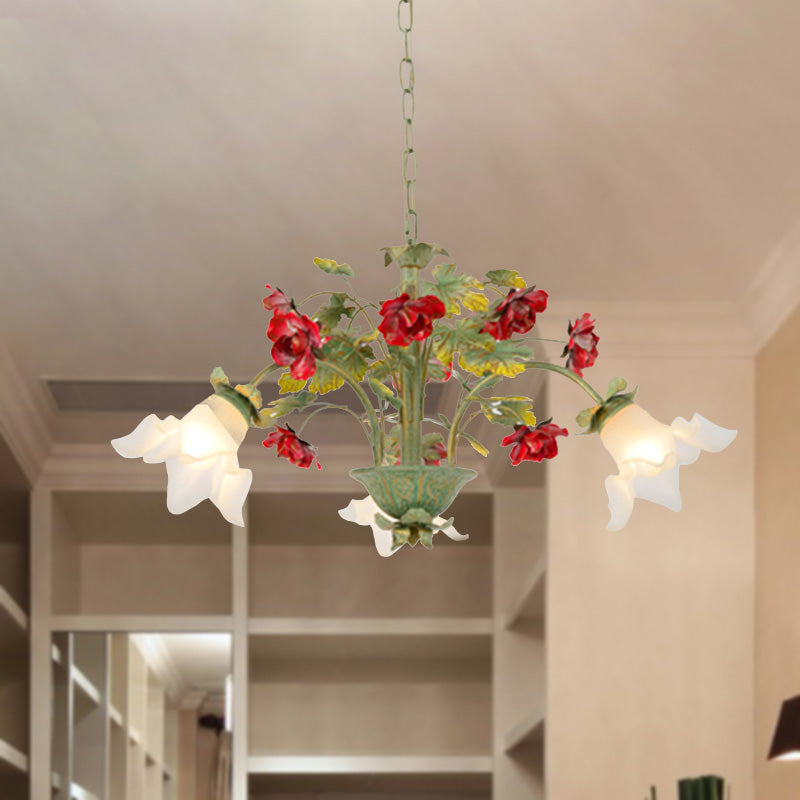 Green Spread Hanging Pendant Pastoral Style Cream Glass 3/5/8-Head Dining Room Flower Chandelier Clearhalo 'Ceiling Lights' 'Chandeliers' 'Close To Ceiling Lights' 'Glass shade' 'Glass' 'Island Lights' Lighting' 2181740