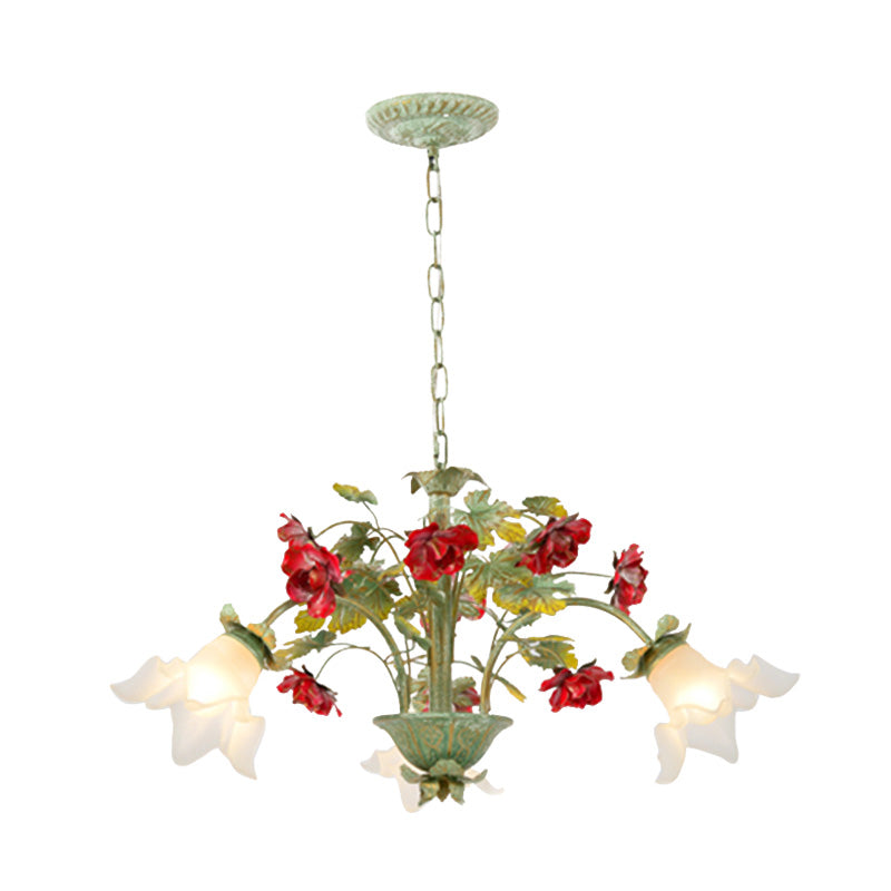 Green Spread Hanging Pendant Pastoral Style Cream Glass 3/5/8-Head Dining Room Flower Chandelier Clearhalo 'Ceiling Lights' 'Chandeliers' 'Close To Ceiling Lights' 'Glass shade' 'Glass' 'Island Lights' Lighting' 2181742