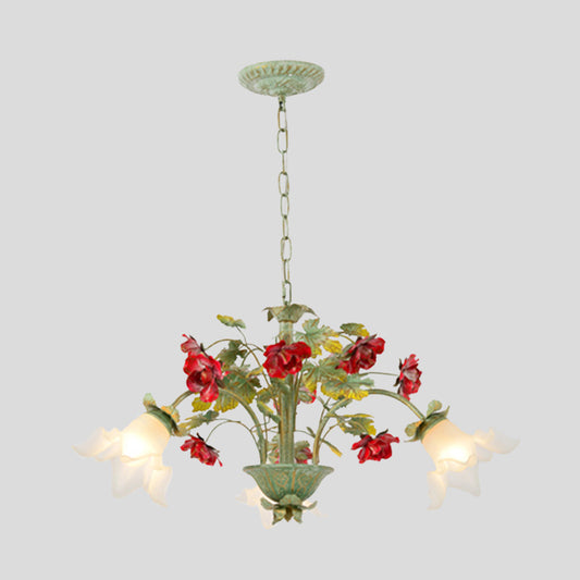 Green Spread Hanging Pendant Pastoral Style Cream Glass 3/5/8-Head Dining Room Flower Chandelier Clearhalo 'Ceiling Lights' 'Chandeliers' 'Close To Ceiling Lights' 'Glass shade' 'Glass' 'Island Lights' Lighting' 2181743