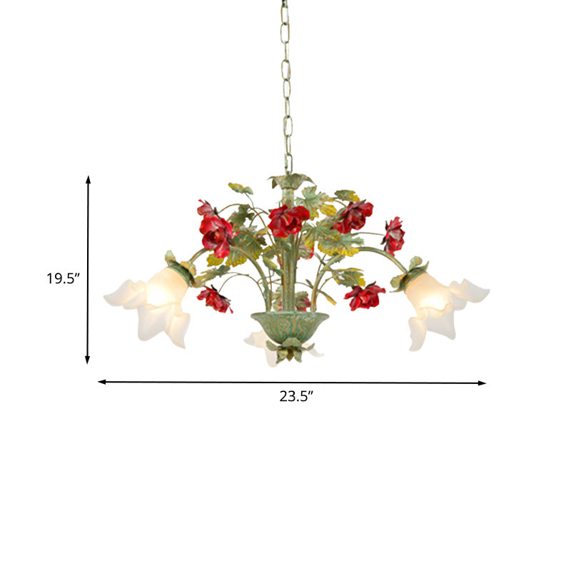 Green Spread Hanging Pendant Pastoral Style Cream Glass 3/5/8-Head Dining Room Flower Chandelier Clearhalo 'Ceiling Lights' 'Chandeliers' 'Close To Ceiling Lights' 'Glass shade' 'Glass' 'Island Lights' Lighting' 2181744