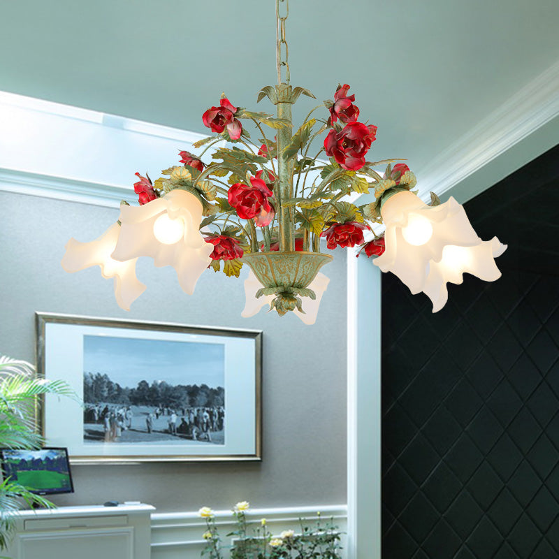 Green Spread Hanging Pendant Pastoral Style Cream Glass 3/5/8-Head Dining Room Flower Chandelier 5 Green Clearhalo 'Ceiling Lights' 'Chandeliers' 'Close To Ceiling Lights' 'Glass shade' 'Glass' 'Island Lights' Lighting' 2181745