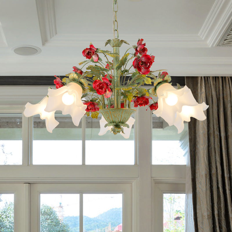 Green Spread Hanging Pendant Pastoral Style Cream Glass 3/5/8-Head Dining Room Flower Chandelier Clearhalo 'Ceiling Lights' 'Chandeliers' 'Close To Ceiling Lights' 'Glass shade' 'Glass' 'Island Lights' Lighting' 2181746