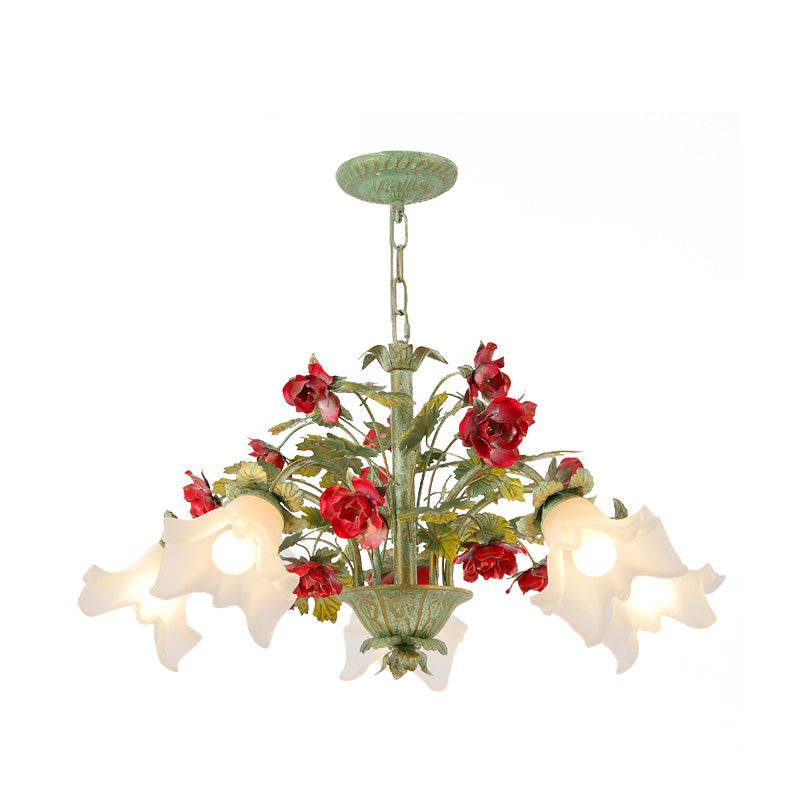 Green Spread Hanging Pendant Pastoral Style Cream Glass 3/5/8-Head Dining Room Flower Chandelier Clearhalo 'Ceiling Lights' 'Chandeliers' 'Close To Ceiling Lights' 'Glass shade' 'Glass' 'Island Lights' Lighting' 2181747