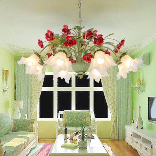 Green Spread Hanging Pendant Pastoral Style Cream Glass 3/5/8-Head Dining Room Flower Chandelier 8 Green Clearhalo 'Ceiling Lights' 'Chandeliers' 'Close To Ceiling Lights' 'Glass shade' 'Glass' 'Island Lights' Lighting' 2181749